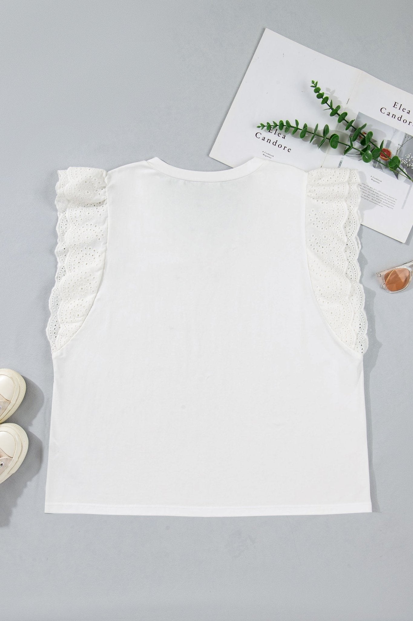 White Eyelet Crochet Splicing Short Sleeve Plus Size Tee - Loving It Shop