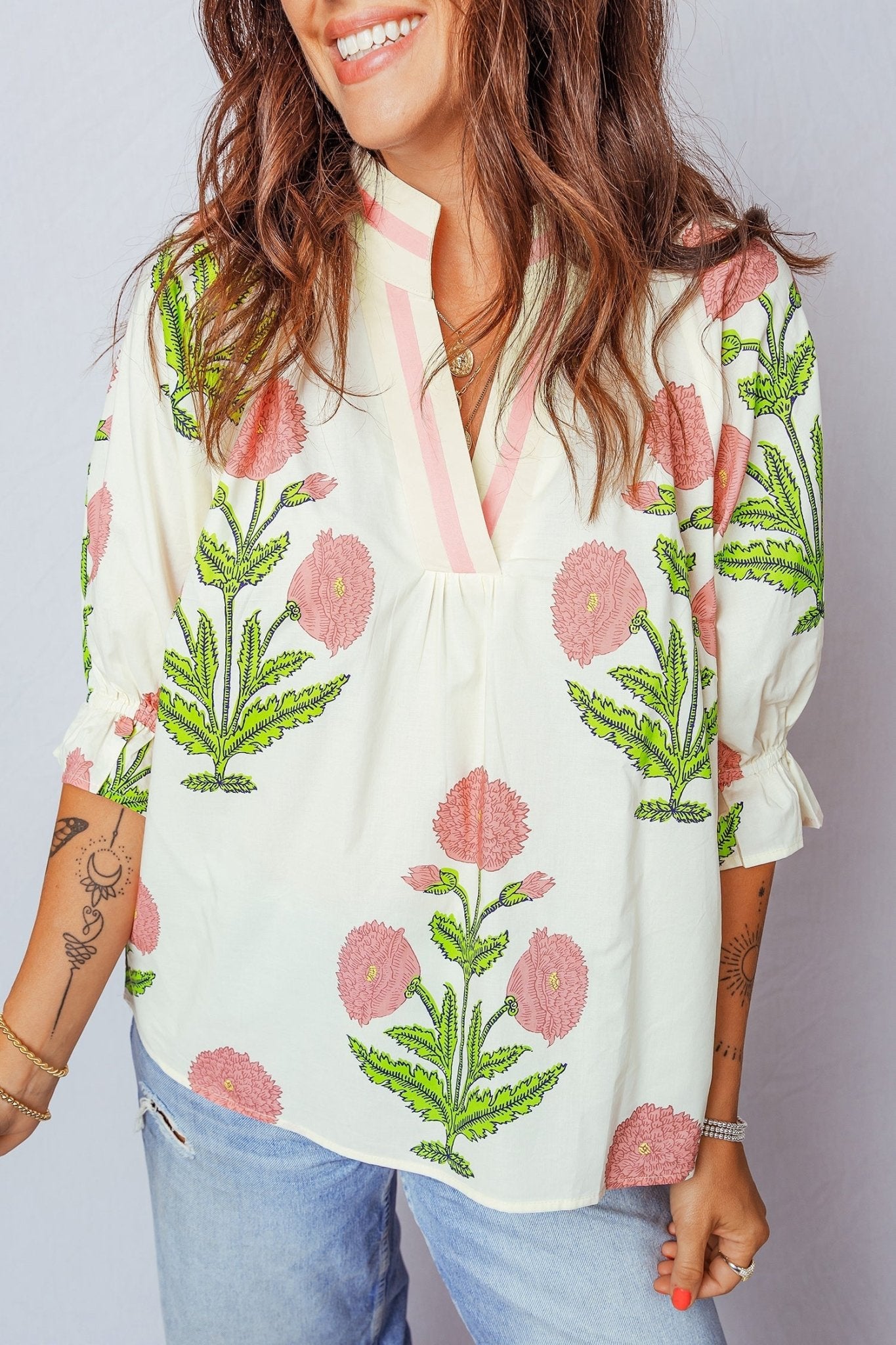 Casual Wild Flower Print V Neck 3/4 Sleeve Blouse - Loving It Shop