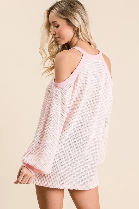 Popcorn Waffle Top with Cold Shoulder Detail