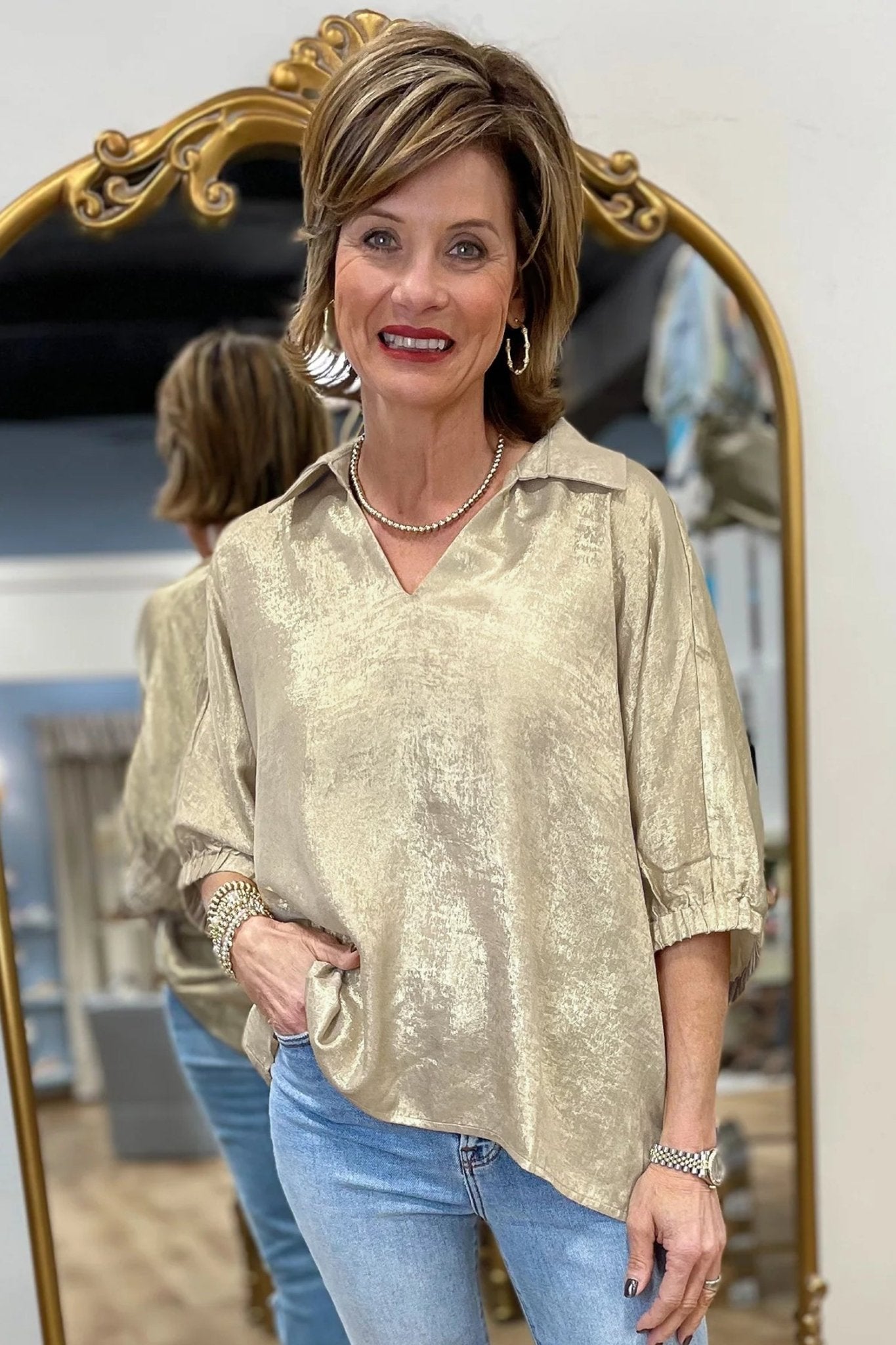 Casual Collared V Neck Half Sleeve Metallic Top - Loving It Shop