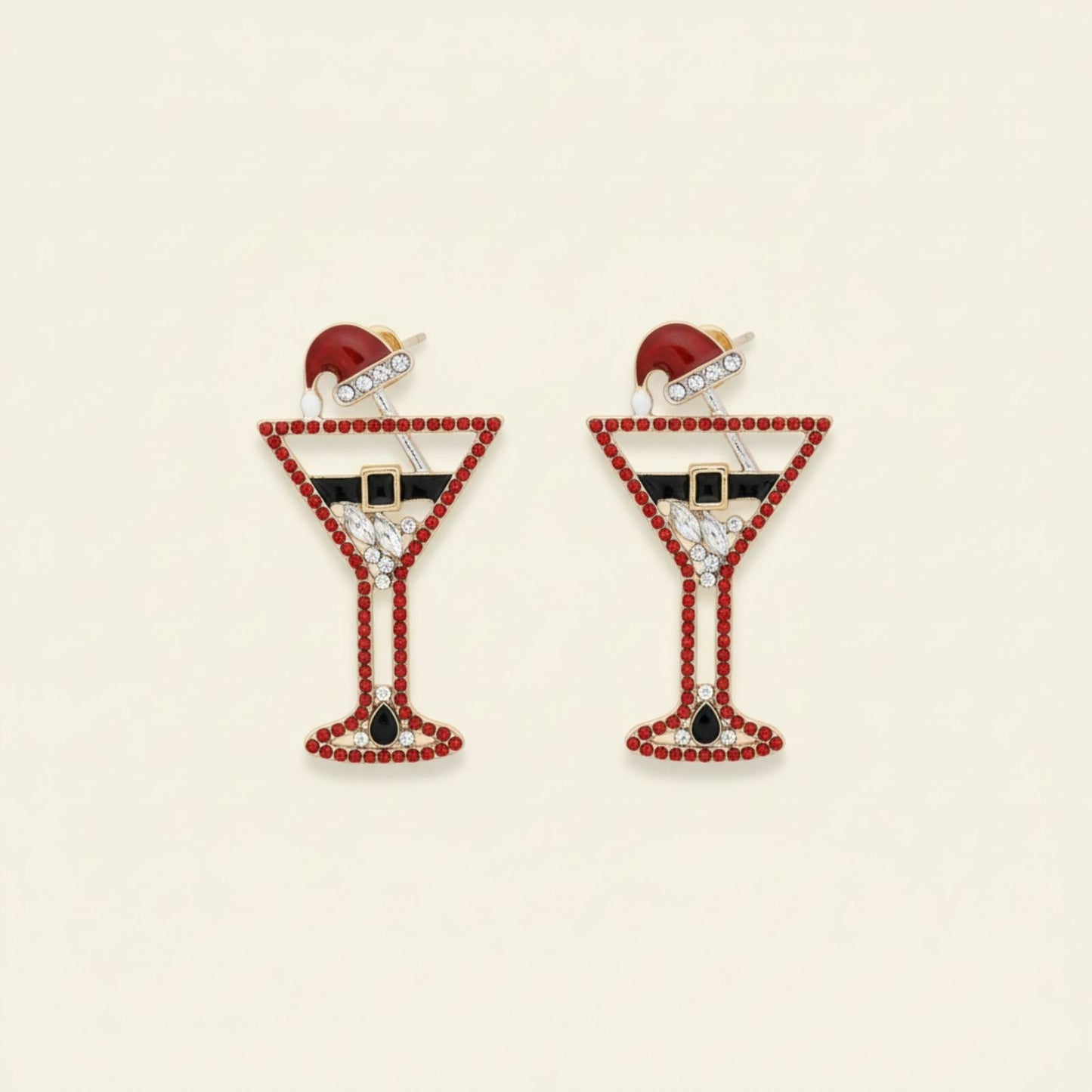 Silver Stud Earrings Red Martini Santa Tipsy Xmas Trendy Jewelry