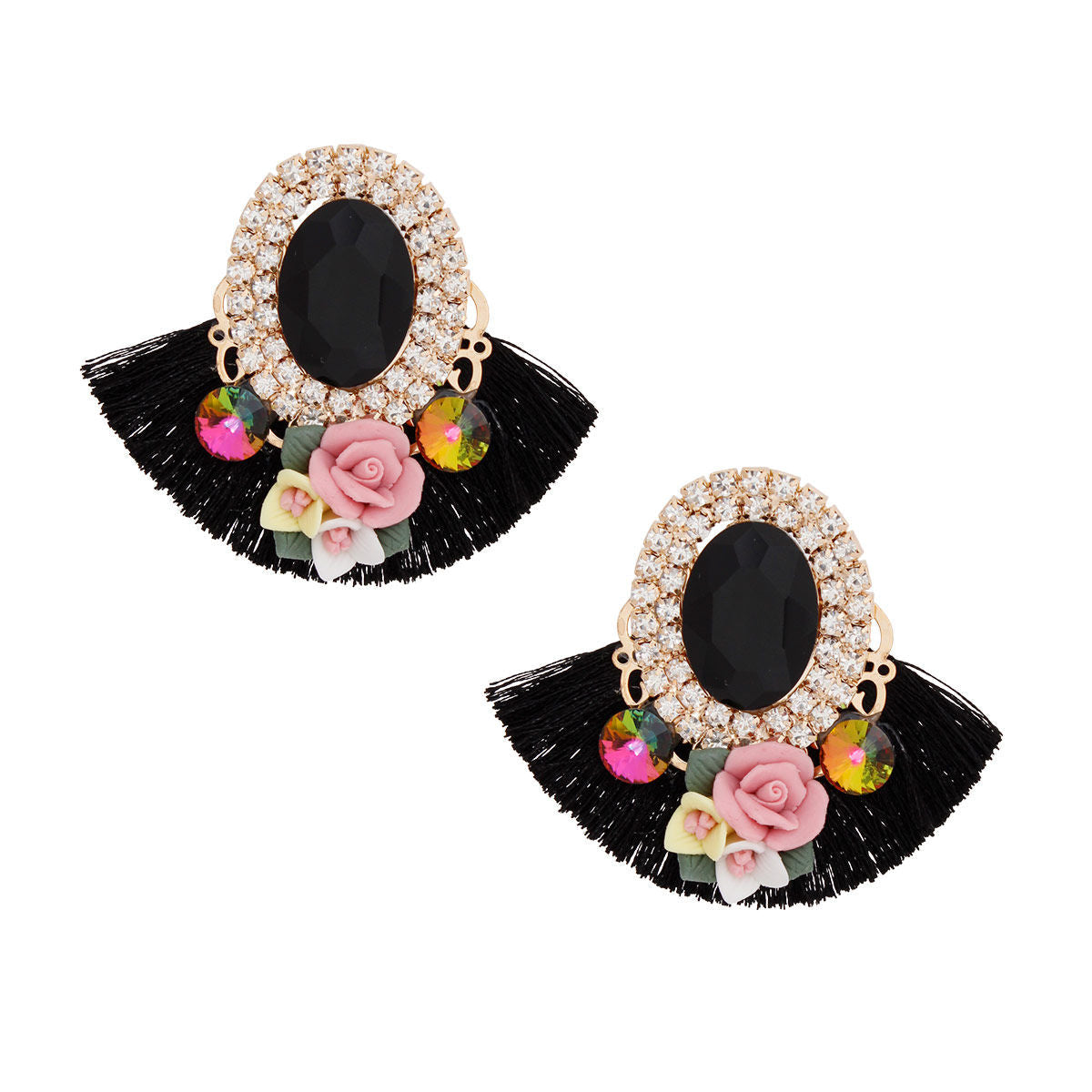 Floral Fan Tassel Stud Earrings Black Crystal Stylish Statement Jewelry