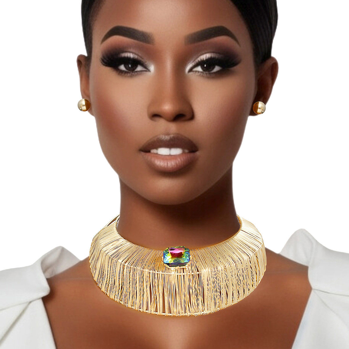 Statement Choker Necklace Gold Crystal Wide Rigid Armor Set for Women Stylish Jewelry