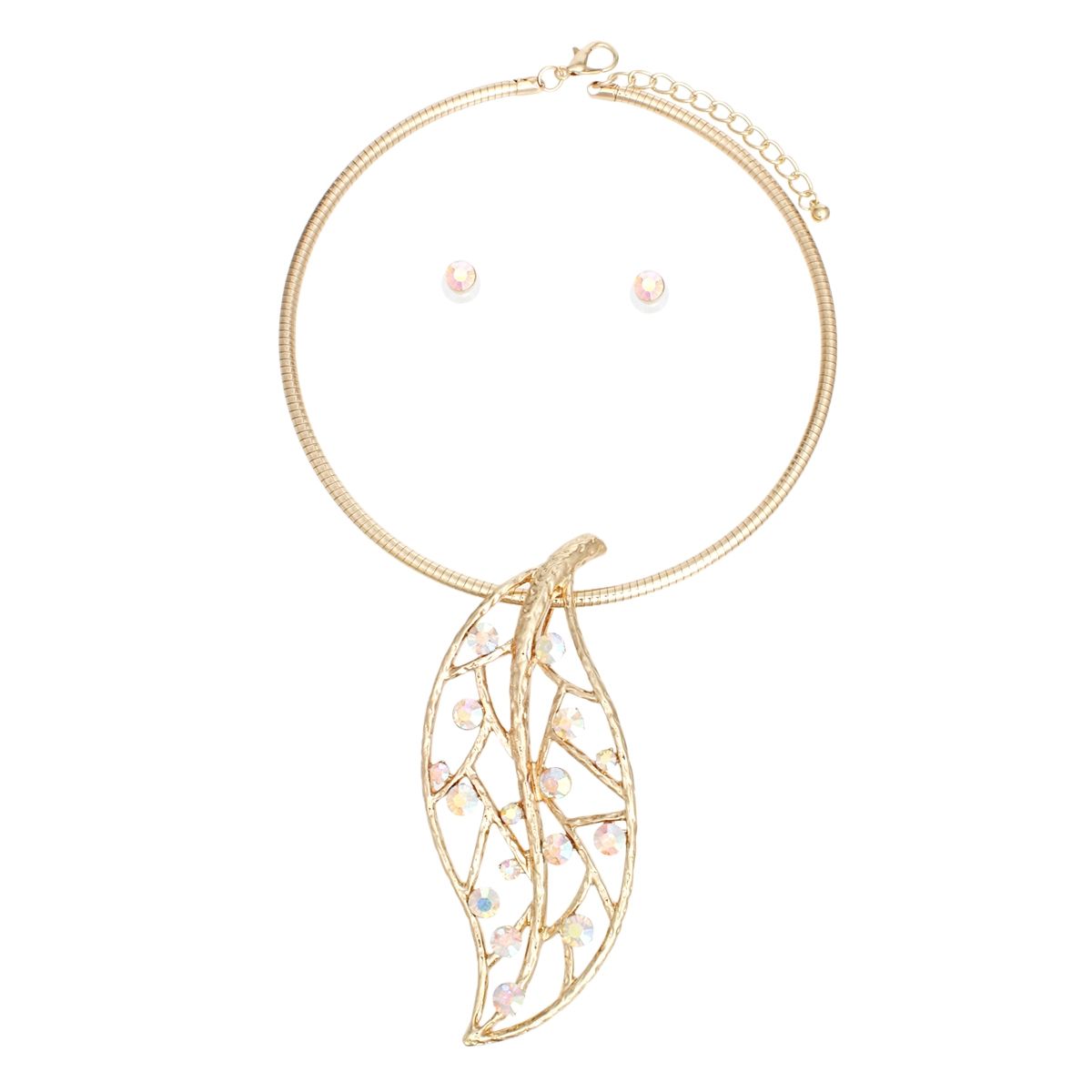 Women’s Gold Leaf Pendant Necklace with Aurbo Stone Set Stylish Jewelry