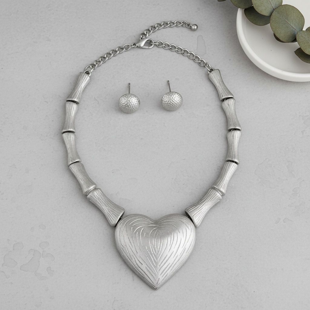 Modern Matte Silver Bamboo Heart Pendant Necklace Stylish Statement Jewelry