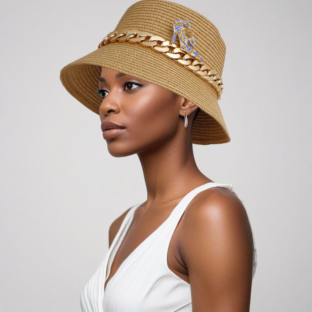 Bucket Hat with Gold Chain Detail Trendy Casual Accessory