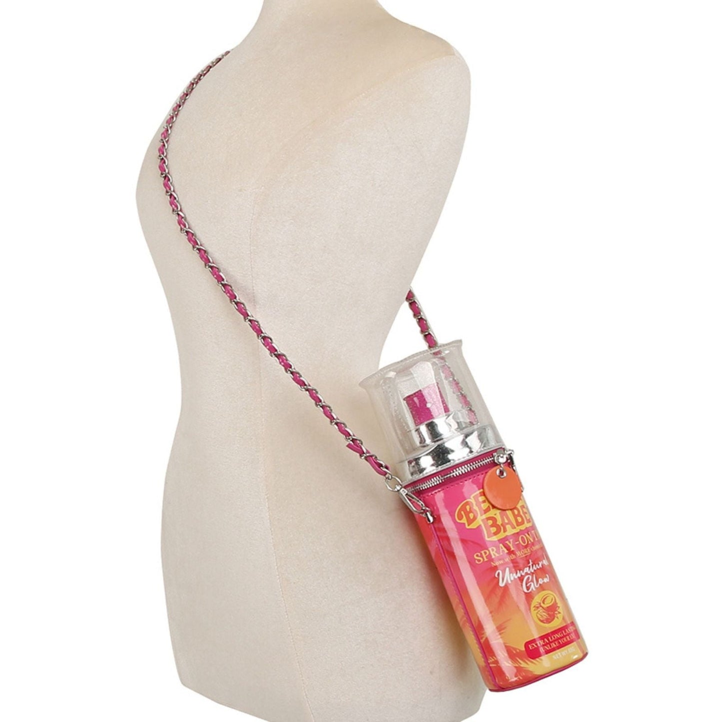 Fashion Handbag Crossbody Pink Spray on Tan Bottle Clutch Bag Stylish Chic Accessory