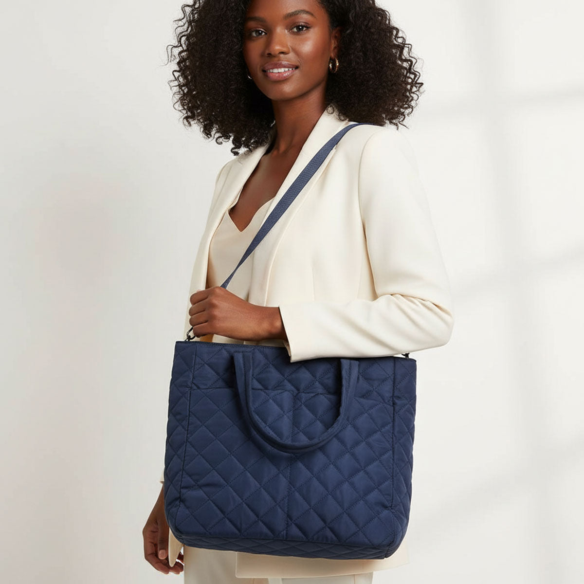 Fashion Handbag Quilted Navy Tote Bag Large Pocket Travel Purse Stylish Chic