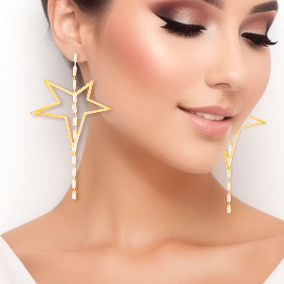 Statement Gold Star Crystal Baguette Earrings Stylish Chic Jewelry Accessory