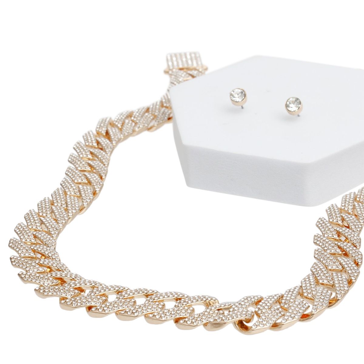 Women’s Gold Cuban Chain Necklace Set Iced Diamond Stylish Jewelry