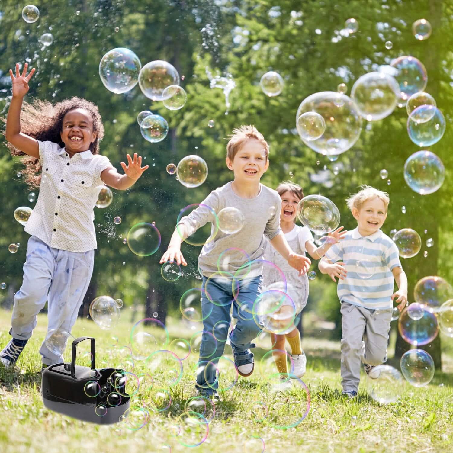 Portable Bubble Blowing Machine with 2 Speeds Handle 3000-4000 Bubbles Per Minute Plug-In Battery Powered