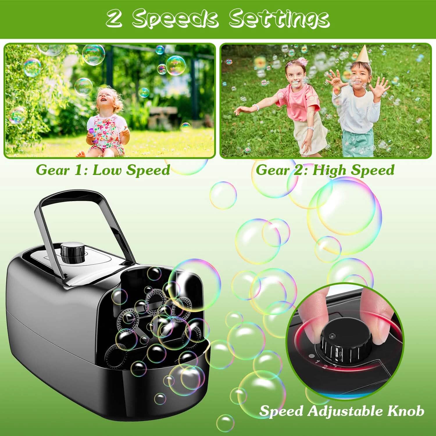 Portable Bubble Blowing Machine with 2 Speeds Handle 3000-4000 Bubbles Per Minute Plug-In Battery Powered