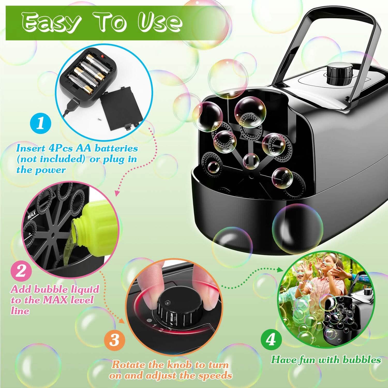 Portable Bubble Blowing Machine with 2 Speeds Handle 3000-4000 Bubbles Per Minute Plug-In Battery Powered