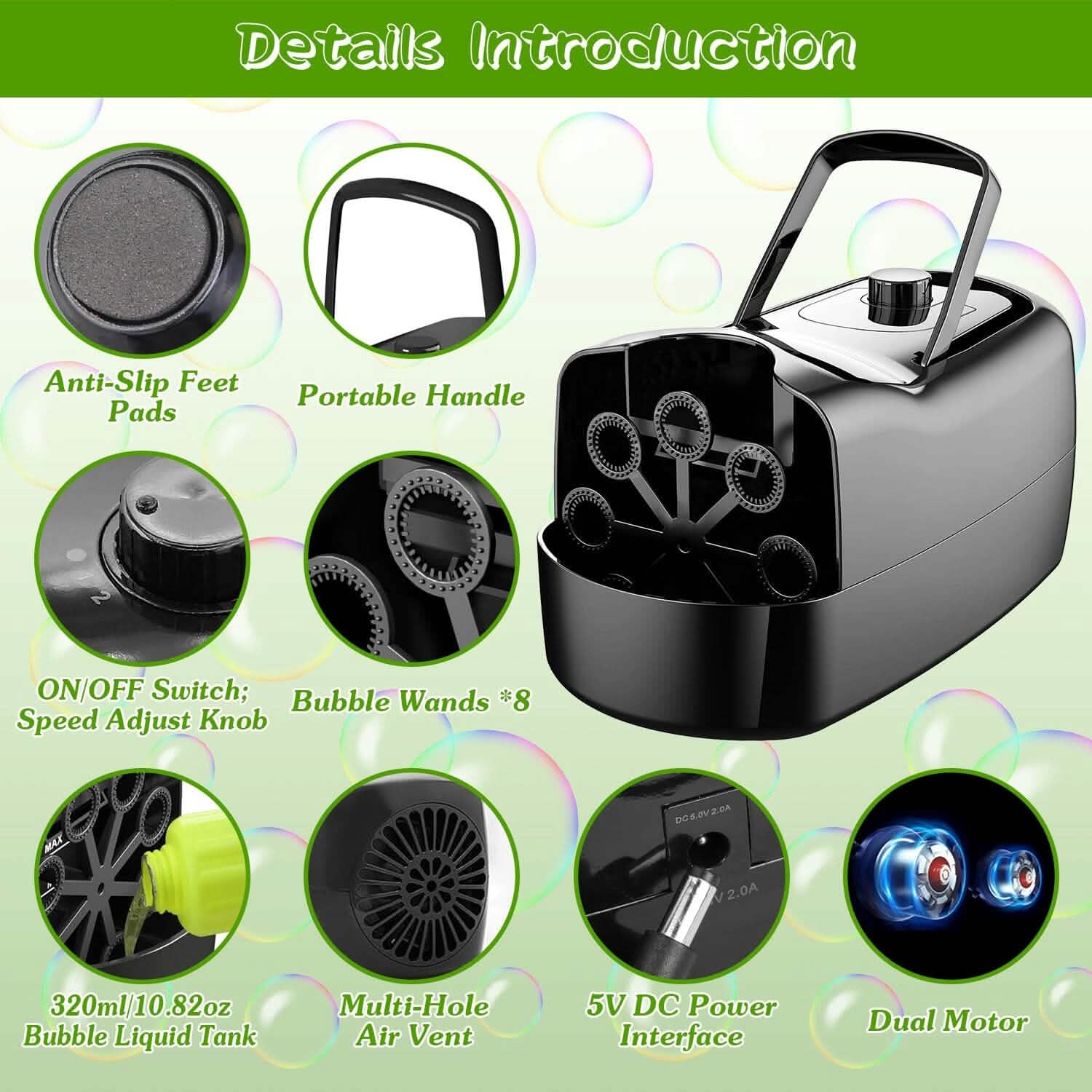 Portable Bubble Blowing Machine with 2 Speeds Handle 3000-4000 Bubbles Per Minute Plug-In Battery Powered