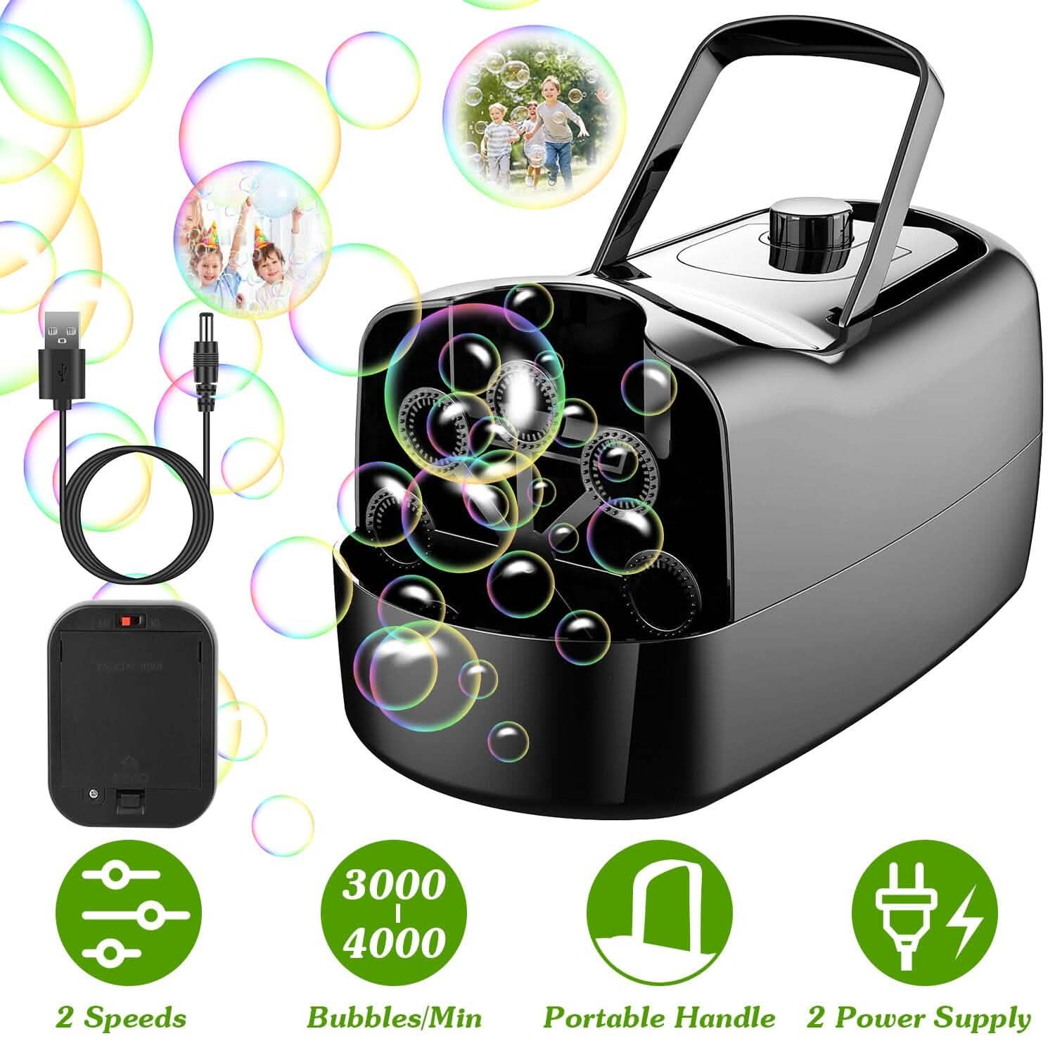 Portable Bubble Blowing Machine with 2 Speeds Handle 3000-4000 Bubbles Per Minute Plug-In Battery Powered