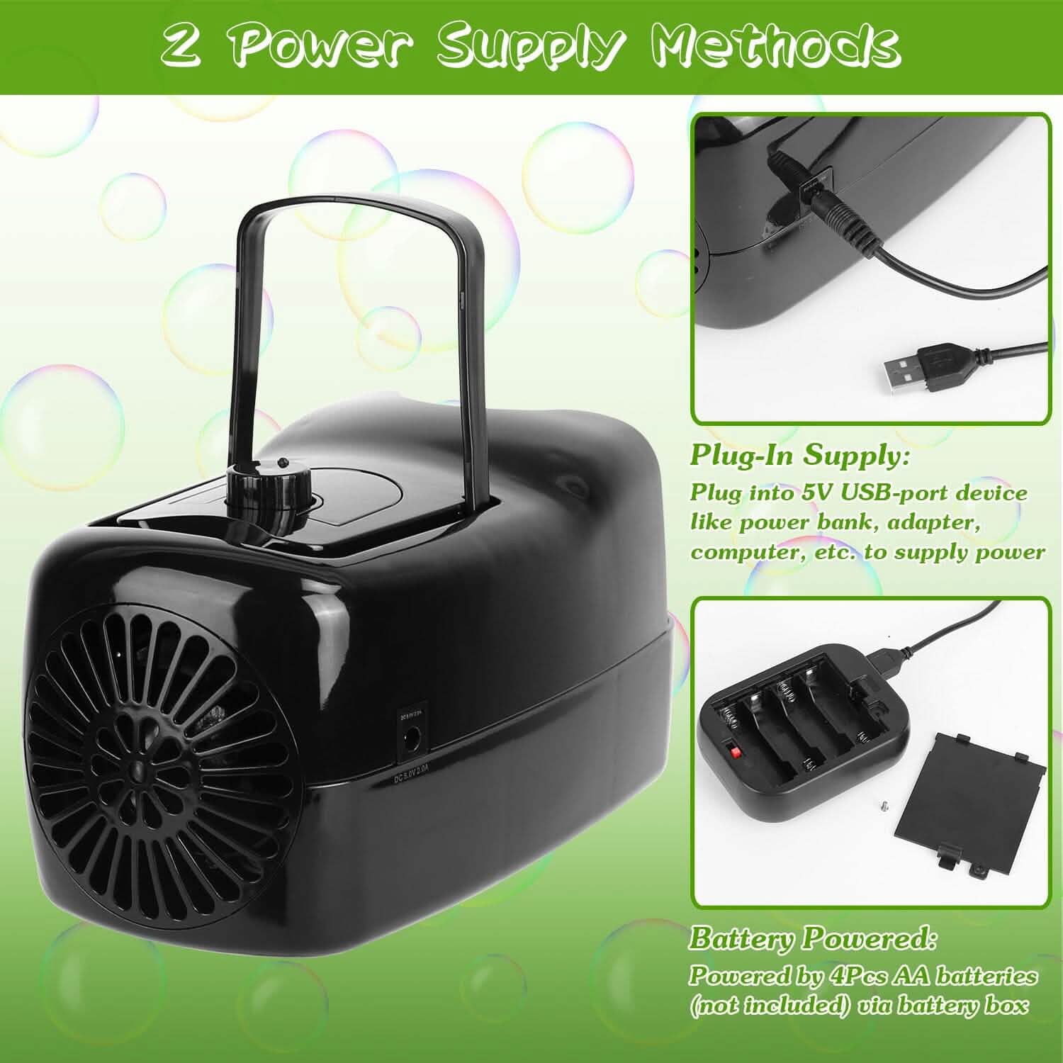 Portable Bubble Blowing Machine with 2 Speeds Handle 3000-4000 Bubbles Per Minute Plug-In Battery Powered