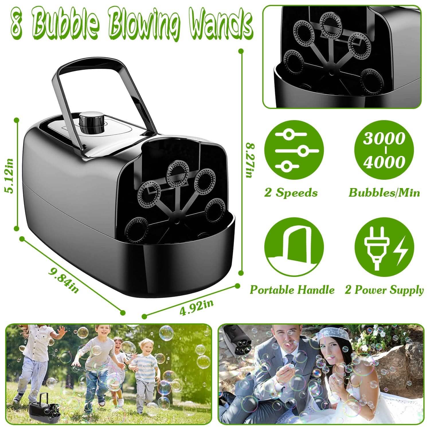 Portable Bubble Blowing Machine with 2 Speeds Handle 3000-4000 Bubbles Per Minute Plug-In Battery Powered