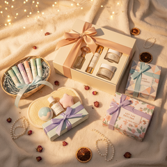 Hunting Gift Tee gifts for hunters in beautifully wrapped boxes, featuring skincare and bath products on a cozy blanket.