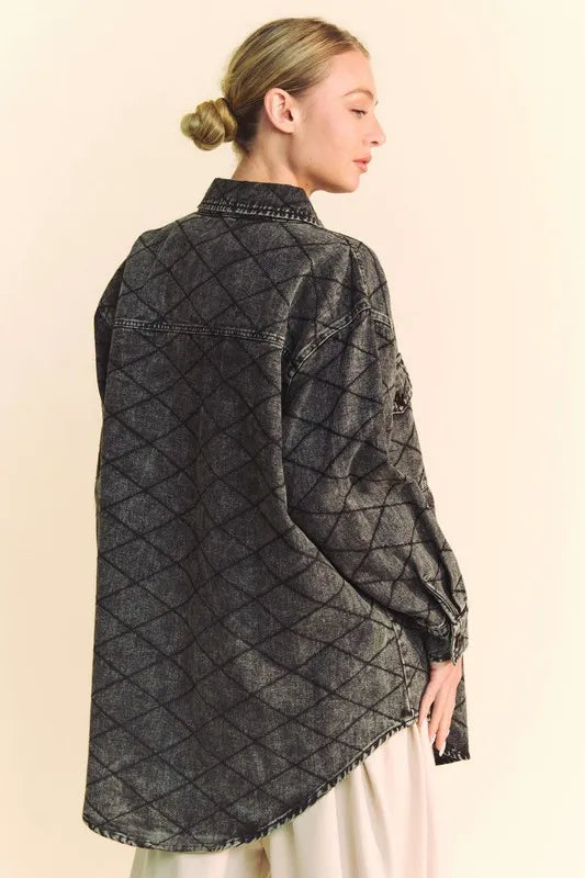 Davi &amp; Dani Curved Hem Diamond Quilted Button Up Denim Shacket