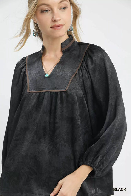 Crinkle Brocade Long Sleeve Blouse