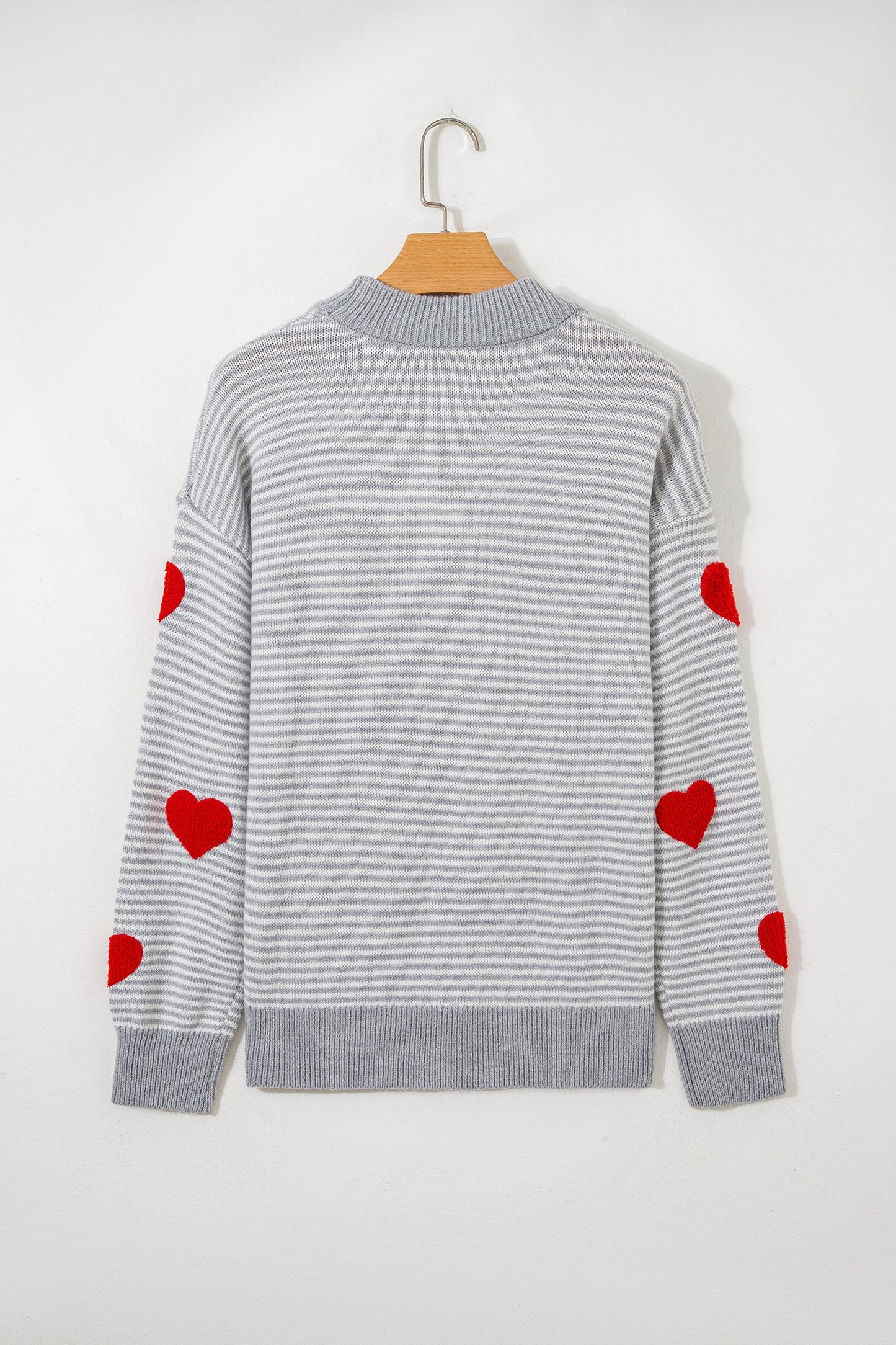 Gray Stripe Contrast Heart Pattern Valentine Knit Sweater