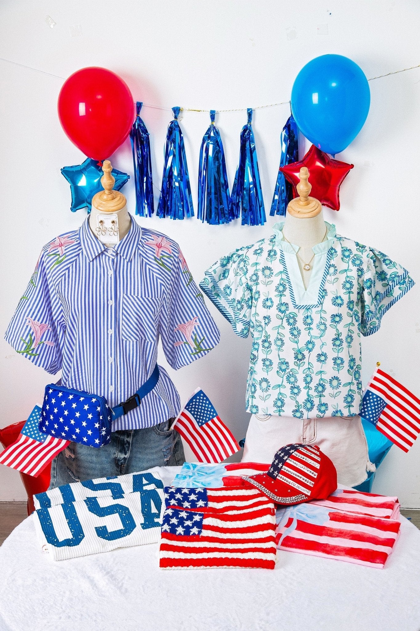 Sky Blue Stripe Lily Floral Embroidered Puff Sleeve Button Down Shirt - Loving It Shop
