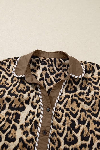 Brown Leopard Collared 3/4 Sleeve Shirt and Loose Pants Two Piece Outfit Set