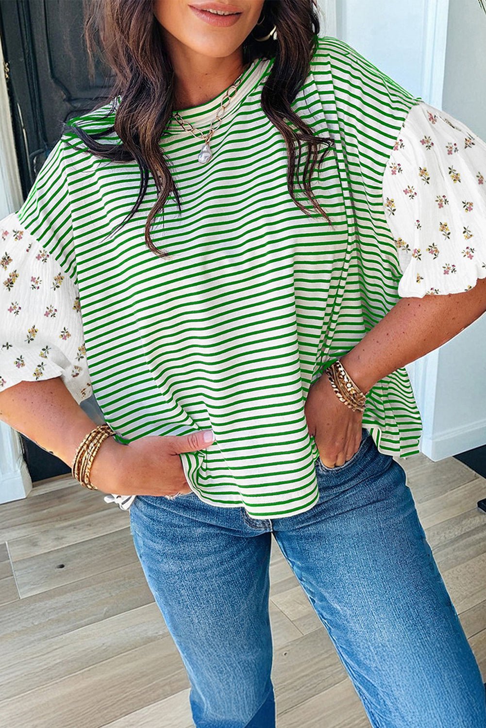 Green Stripe Floral Puff Sleeve Patchwork Round Neck Loose Top - Loving It Shop