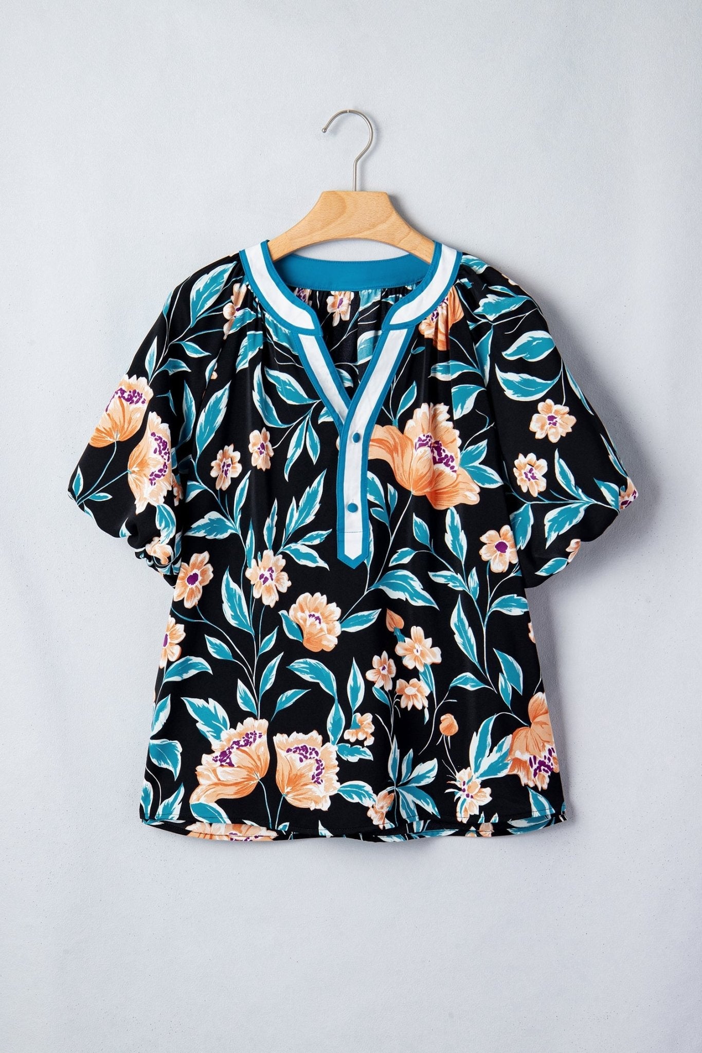Black Floral Short Bubble Sleeve Buttoned Notched Neck Blouse - Loving It Shop