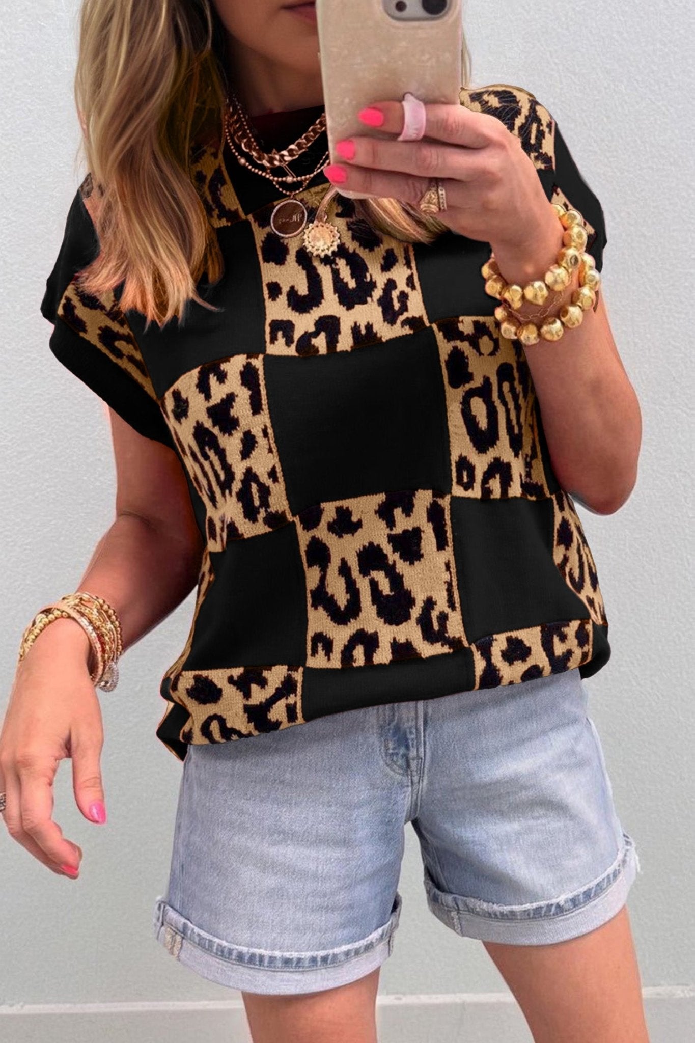 Black Leopard Checkerboard Short Sleeve Knit Sweater - Loving It Shop