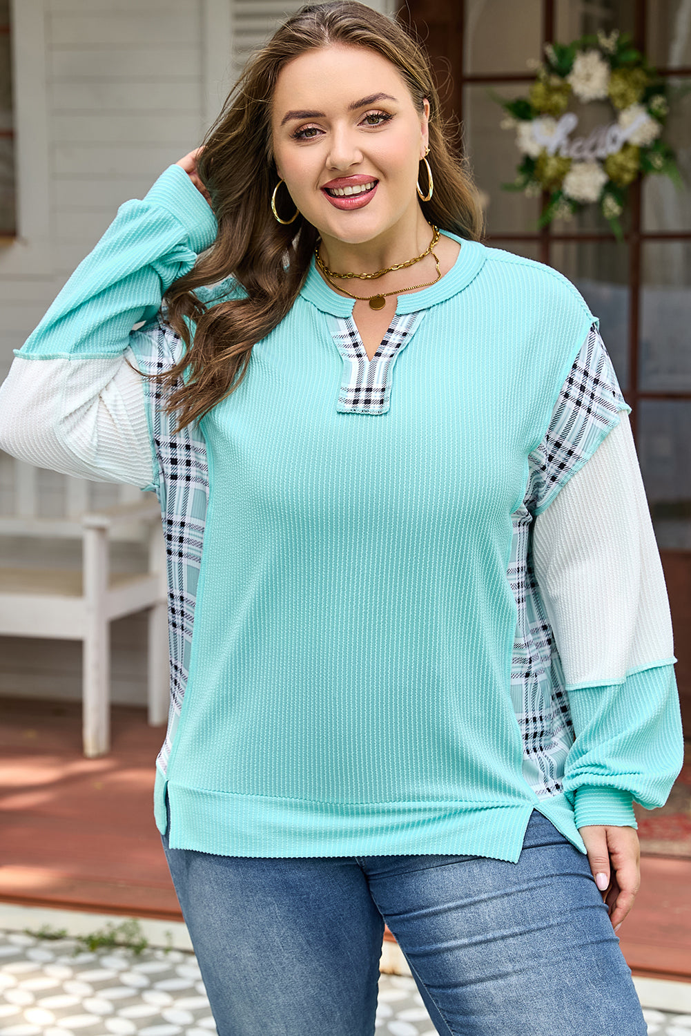 Twist Ribbed Color Block Plaid Patchwork Plus Size Long Sleeve Top