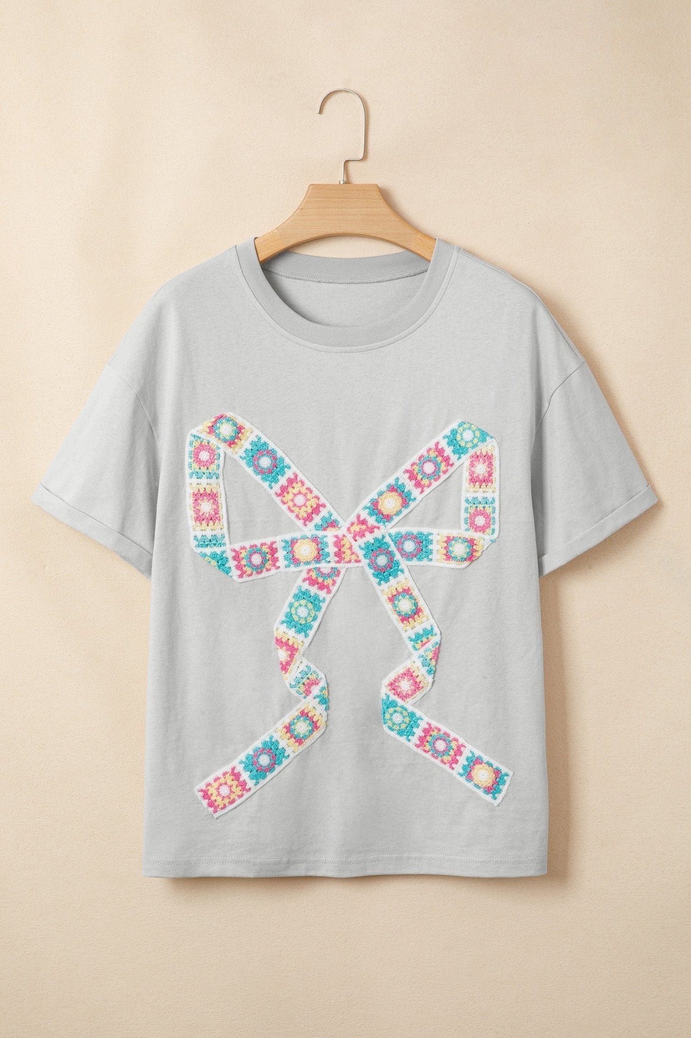Light Grey Floral Crochet Ribbon Bow Patched Cotton T Shirt - Loving It Shop