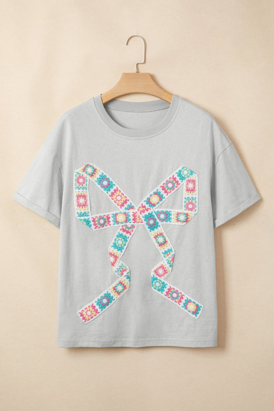 Light Grey Floral Crochet Ribbon Bow Patched Cotton T Shirt - Loving It Shop