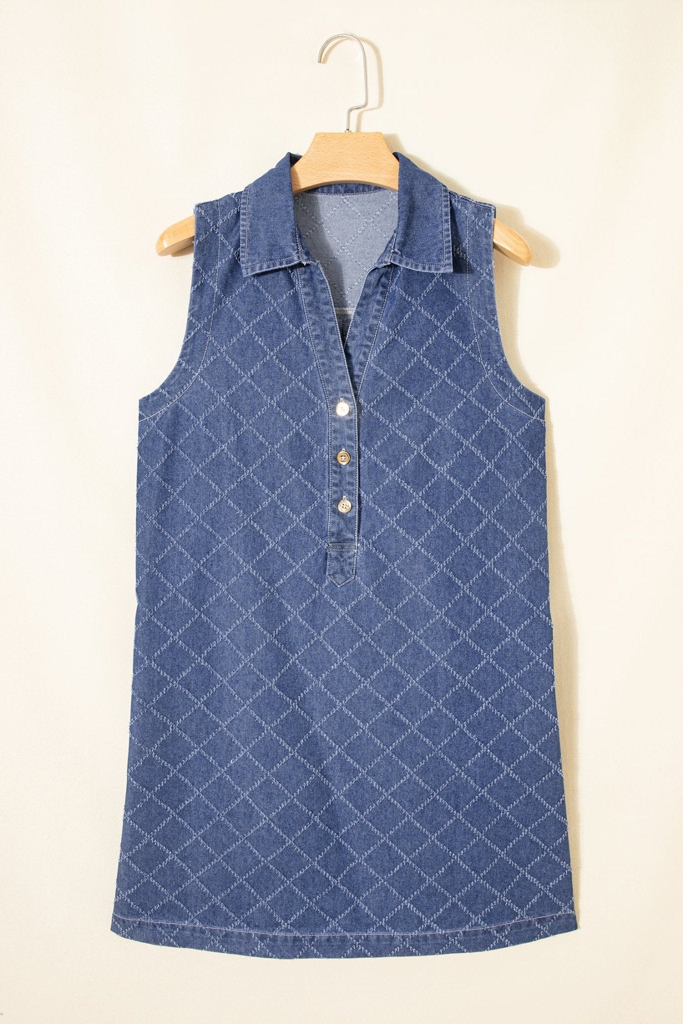 Sail Blue Rhombus Textured Collar Buttoned V Neck Denim Sleeveless Mini Dress - Loving It Shop