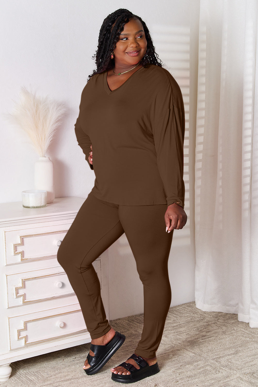 I am a Fashion Junky Full Size V-Neck Soft Rayon Long Sleeve Top and Pants Lounge Set