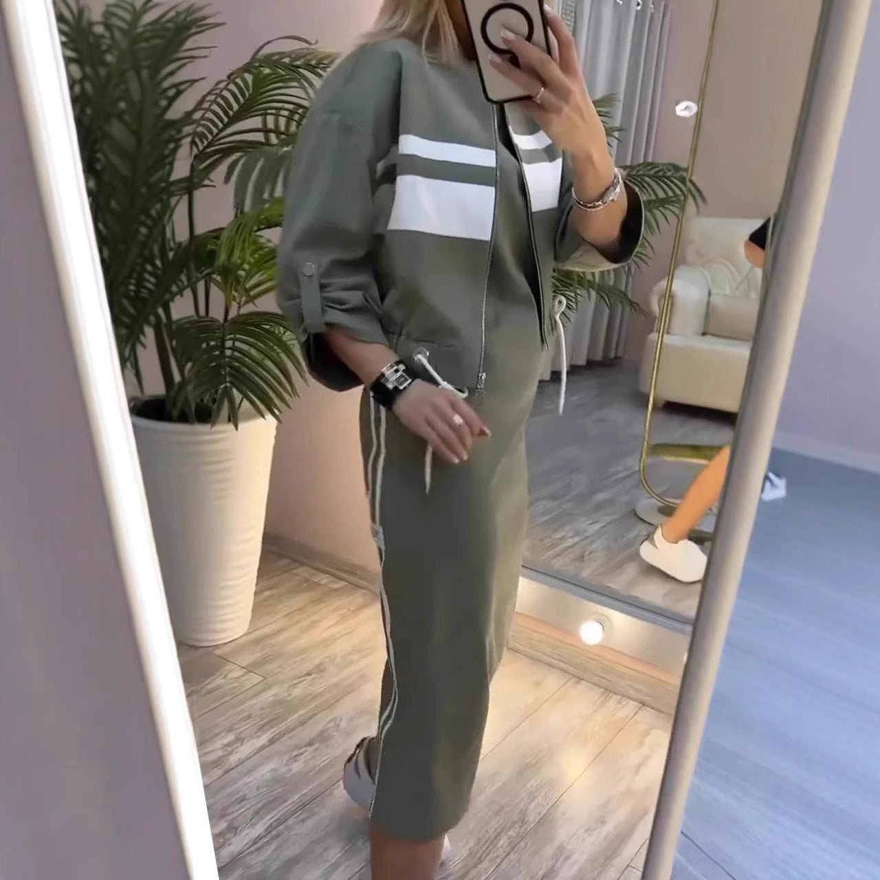 Casual Zipper White Stripe Edge Jacket Coat Dress Women&