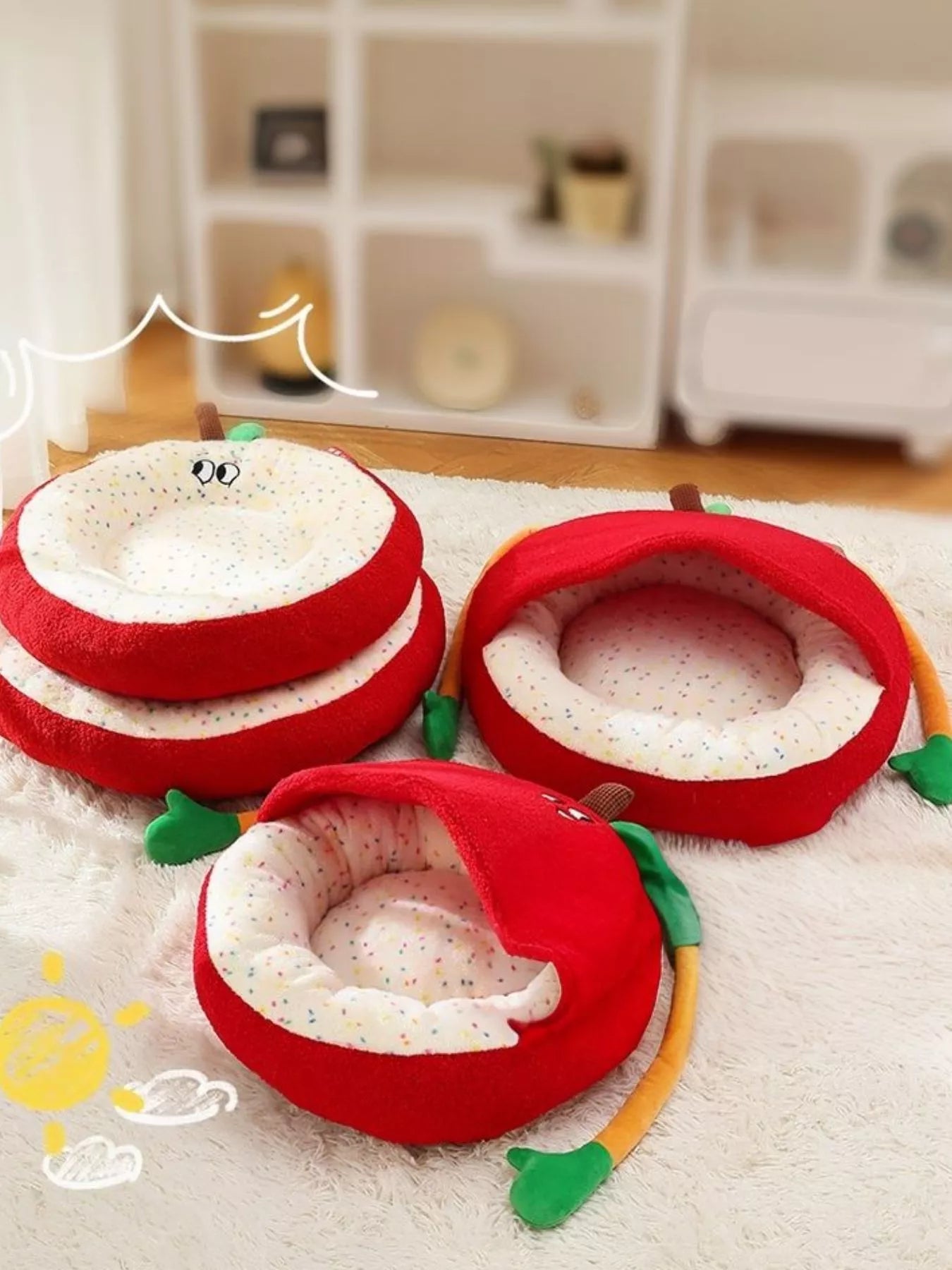 Cartoon Apple Shape Pet Nest with Plush Arms - Loving It Shop