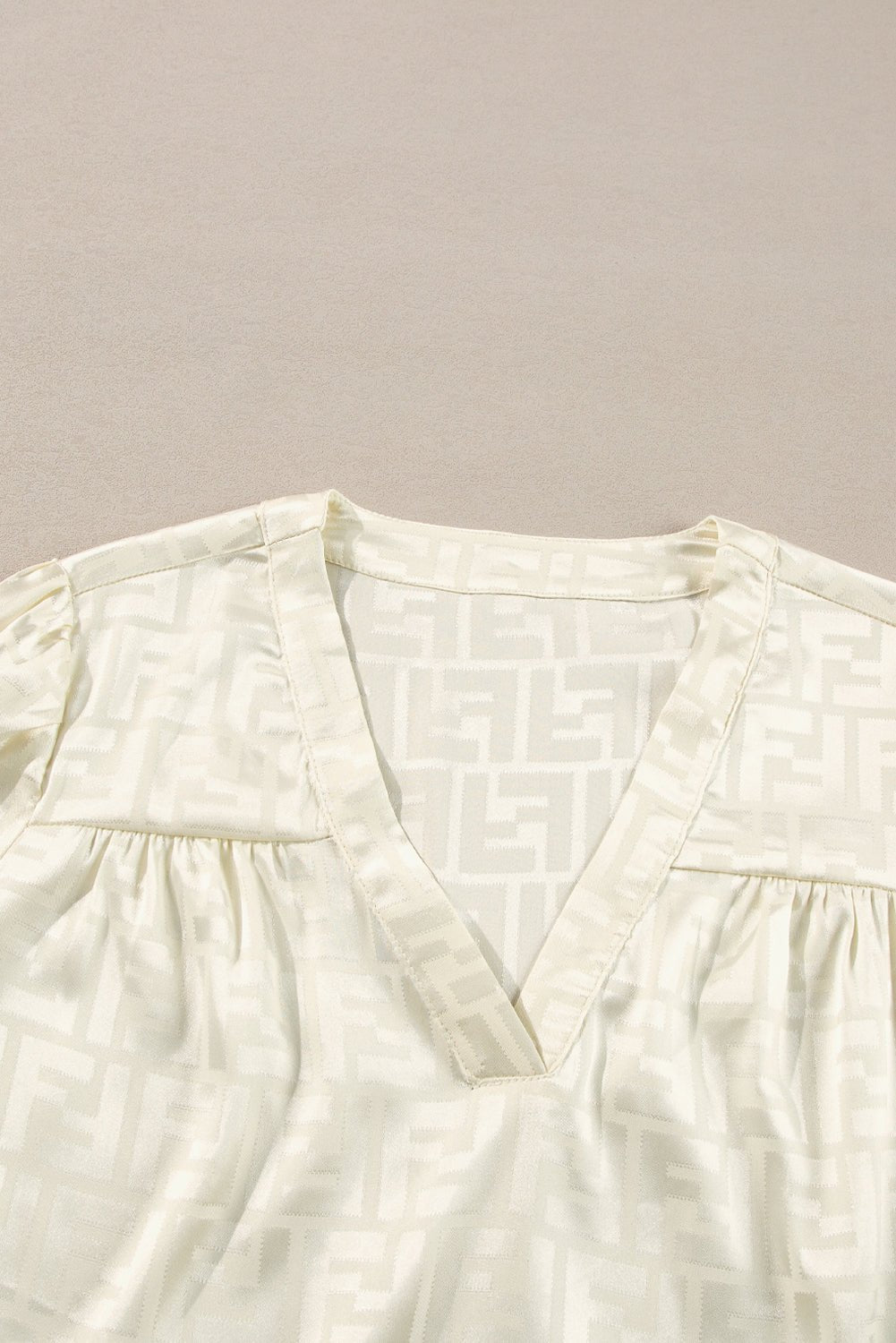Oatmeal Geometric Jacquard V Neck Bishop Sleeve Blouse - Loving It Shop