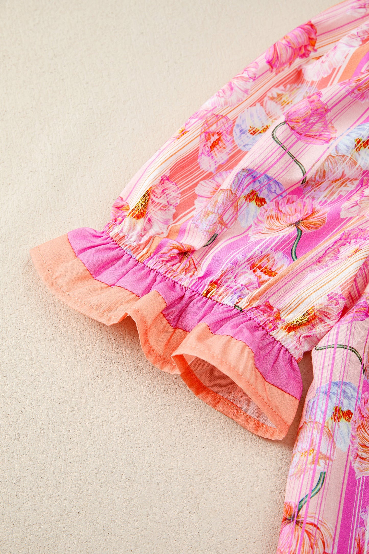 Pink Poppy Flower Striped Print Color Block Trim V Neck Short Sleeve Blouse