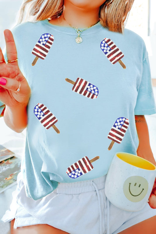 Light Blue Patriotic Sequin Popsicle T Shirt - Loving It Shop