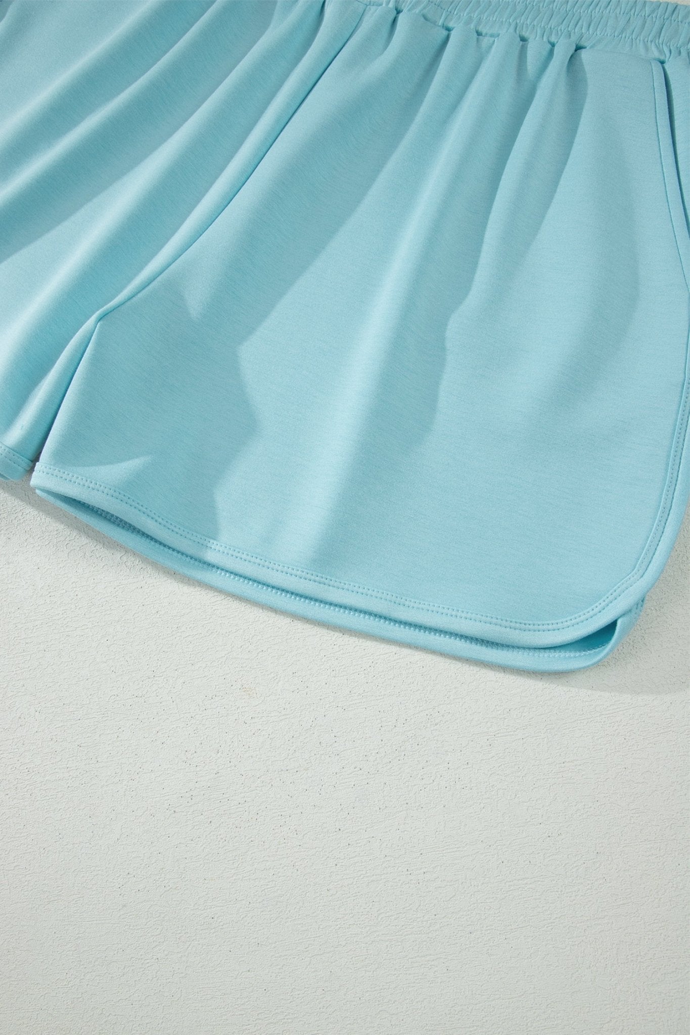 Mist Blue Solid Color Mock Neck Half Sleeve Top Plus Size 2pcs Short Set - Loving It Shop