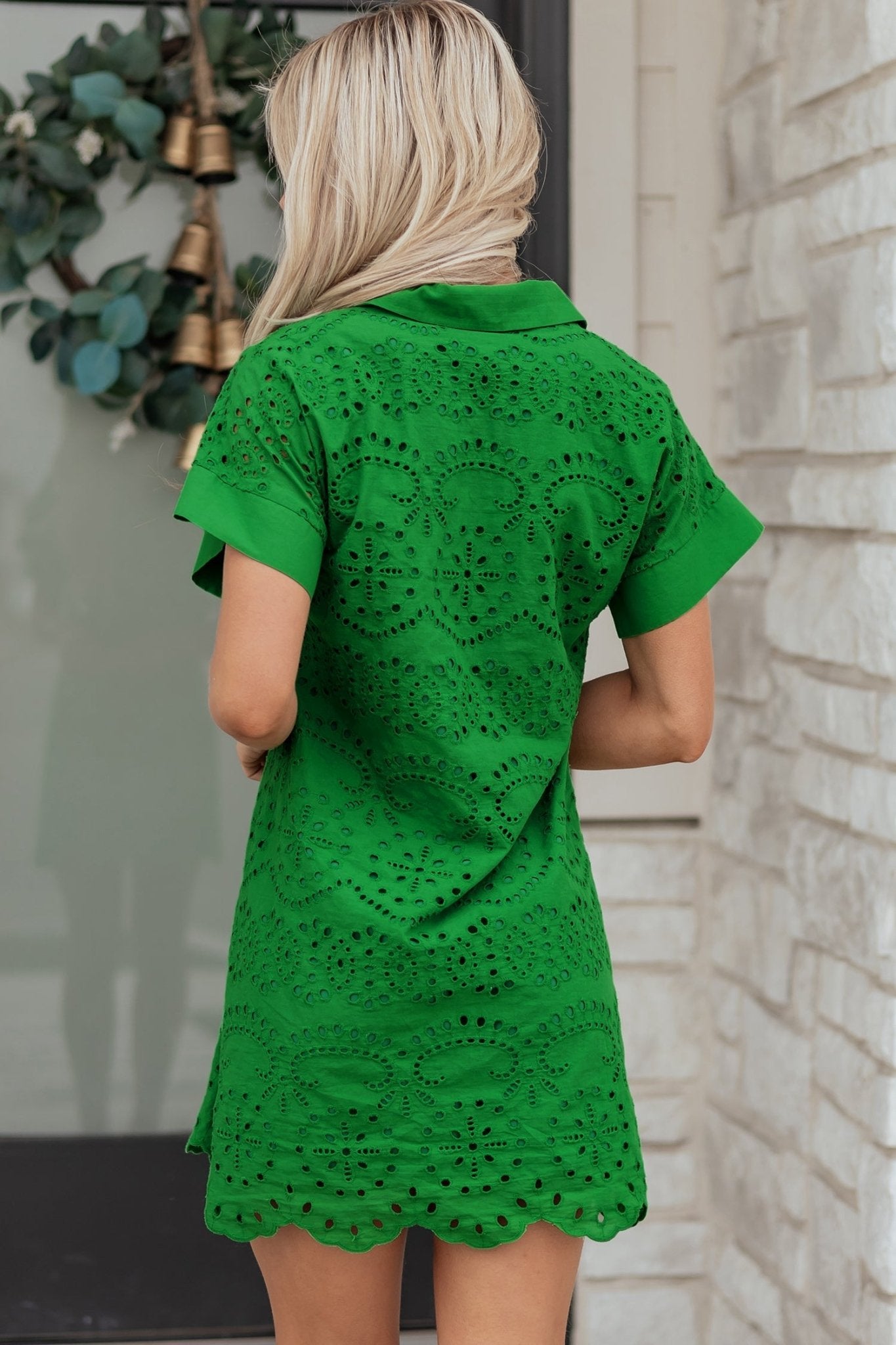 Green Solid Color Eyelet Embroidered T Shirt Mini Dress - Loving It Shop