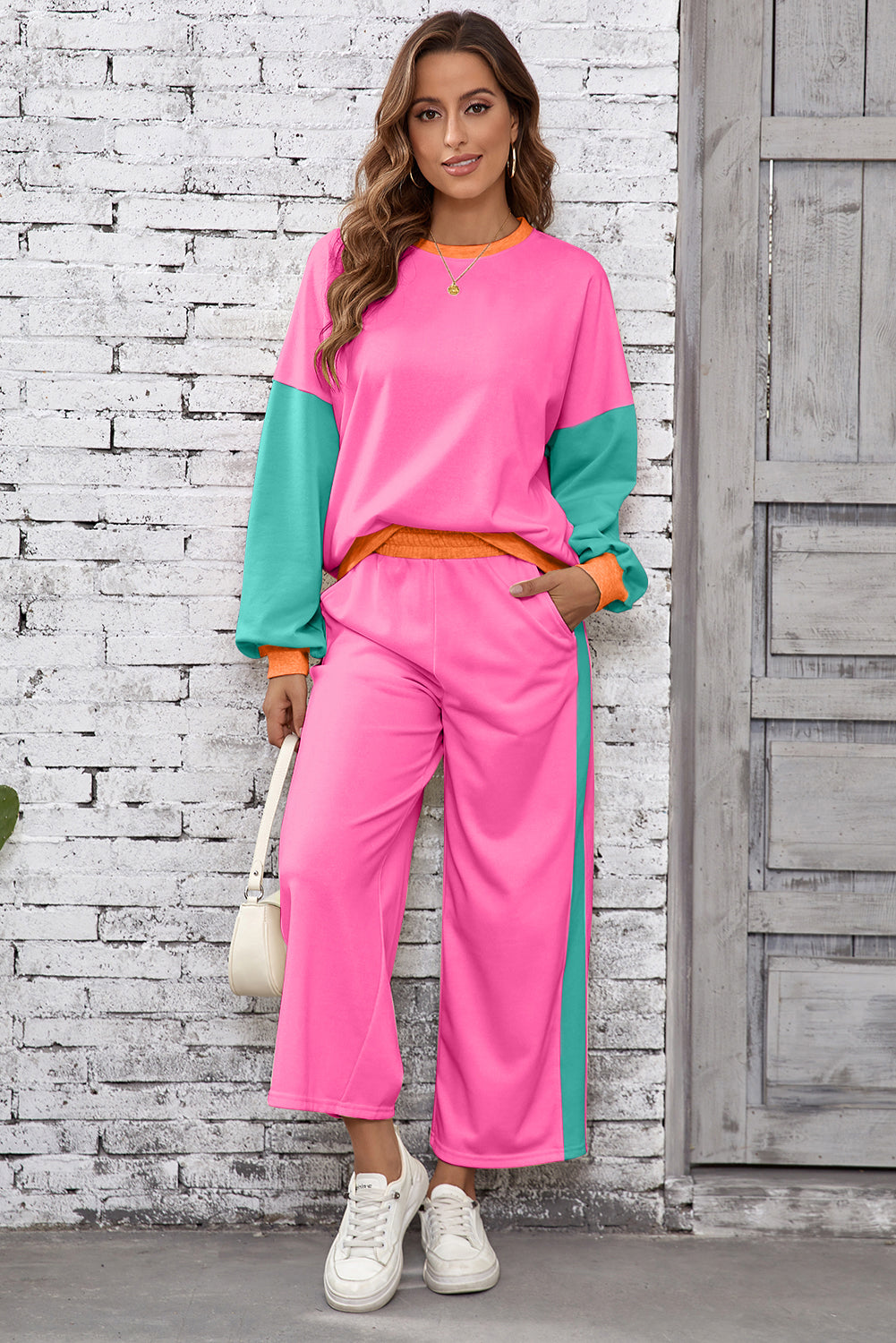 Rose Red 2pcs Color Block Pullover Loose Pant Set