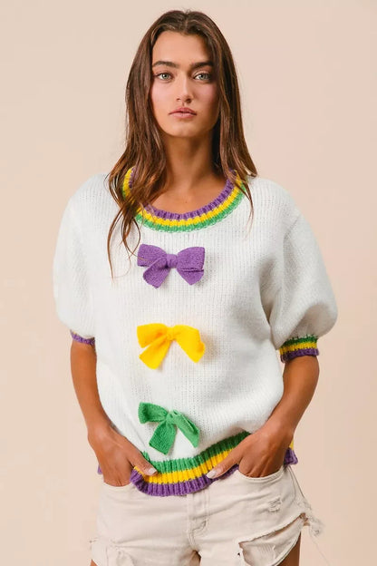 Short Puff Sleeve Ribbon Bow Mardi Gras Sweater
