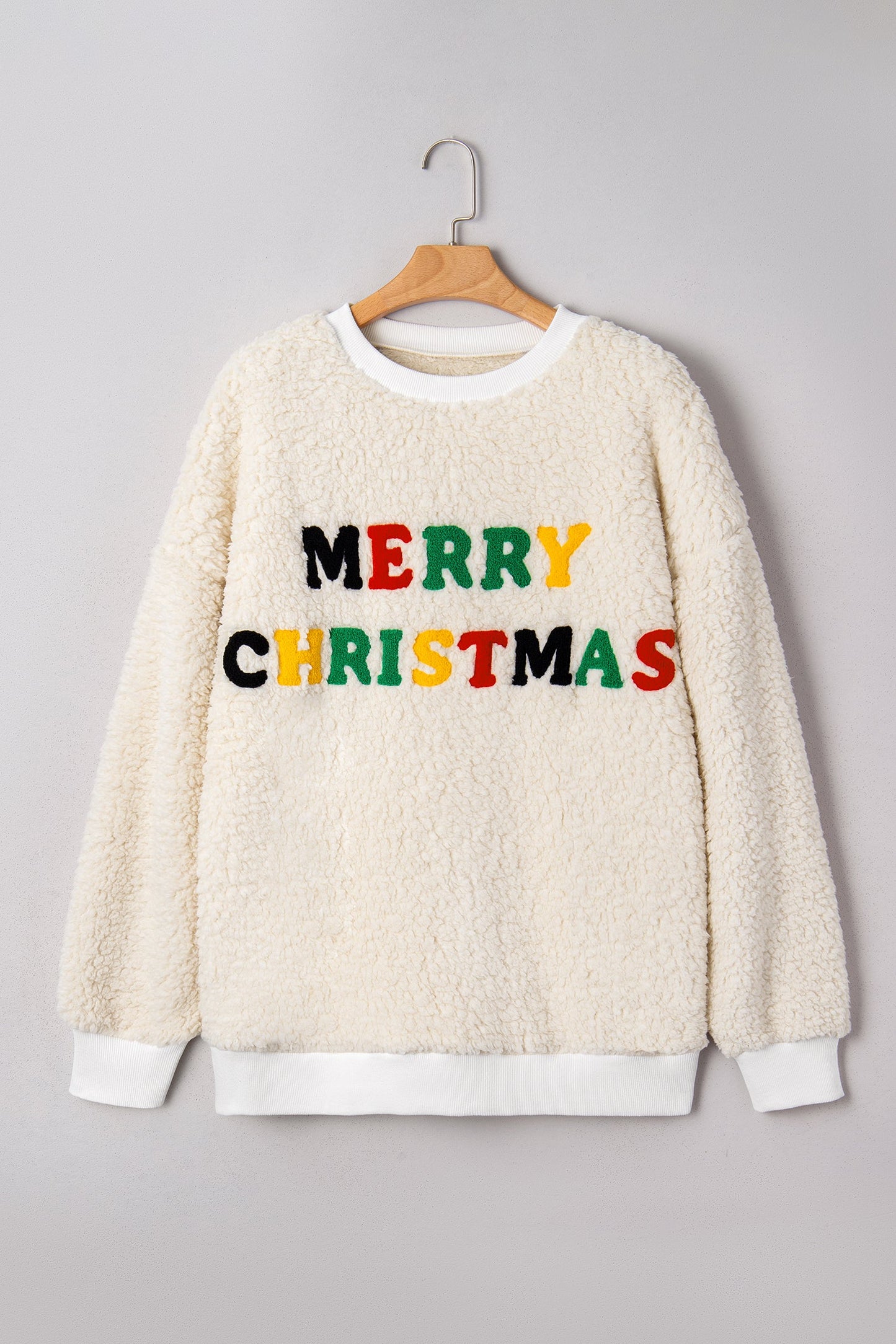 White MERRY CHRISTMAS Multicolor Embroidered Sherpa Pullover Sweatshirt