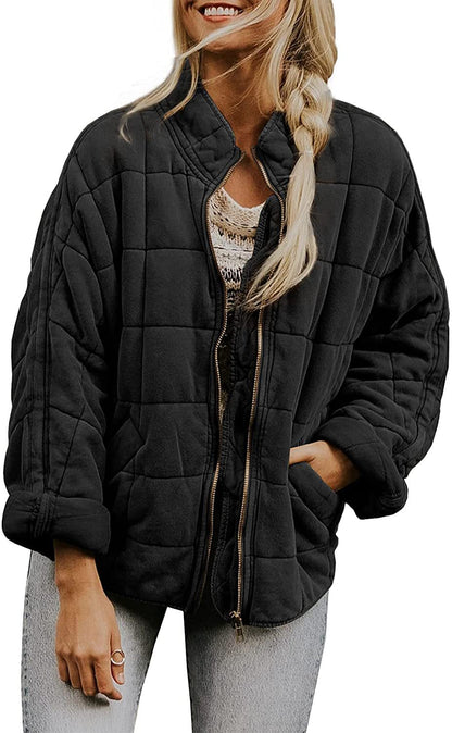 Winter Zip-up Stand Collar Coat With Pockets Fashion Solid Color Plaid Long Sleeved Jacket Women&