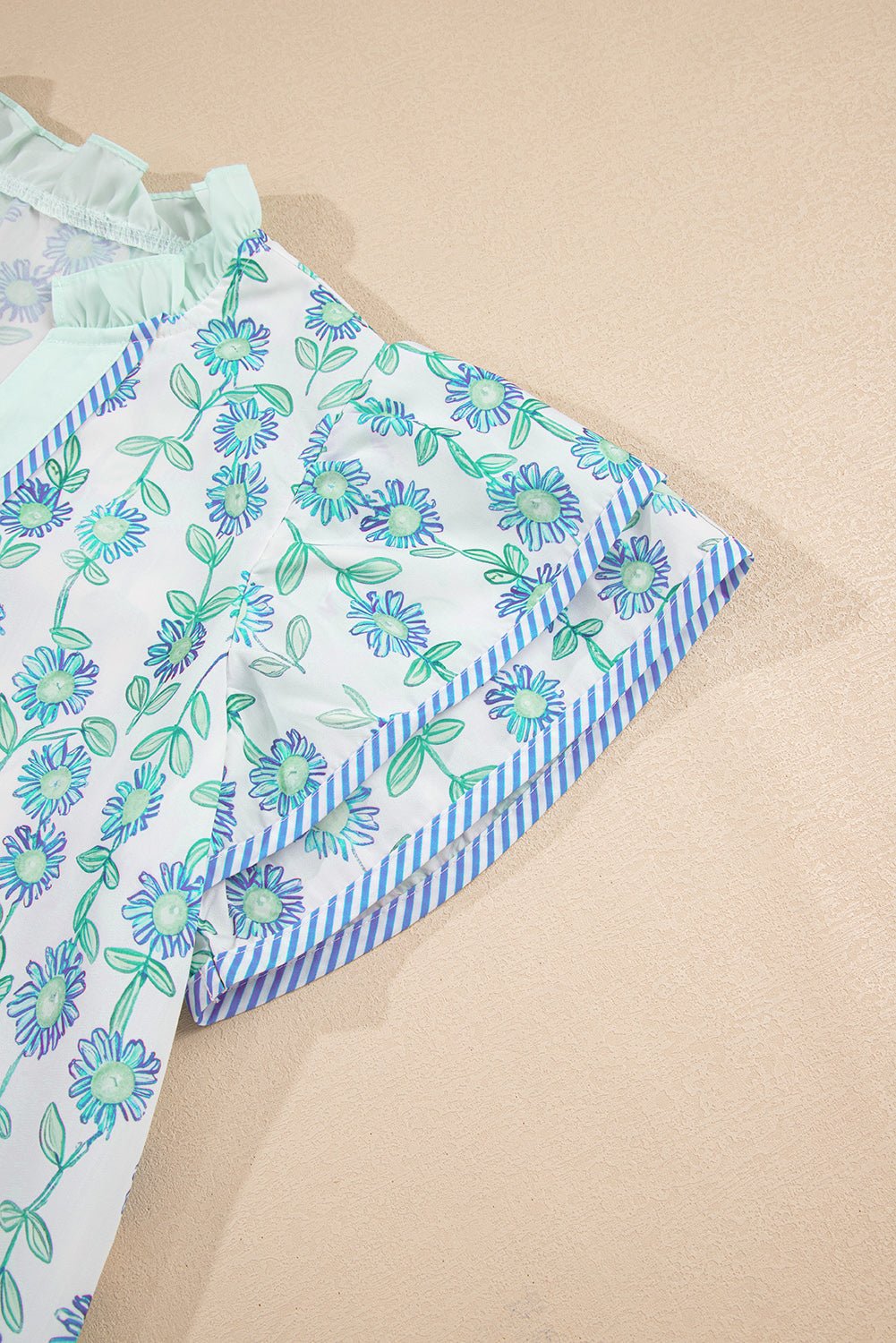 Green Floral Print Striped Detail Contrast V Neck Patchwork Flutter Sleeve Blouse - Loving It Shop