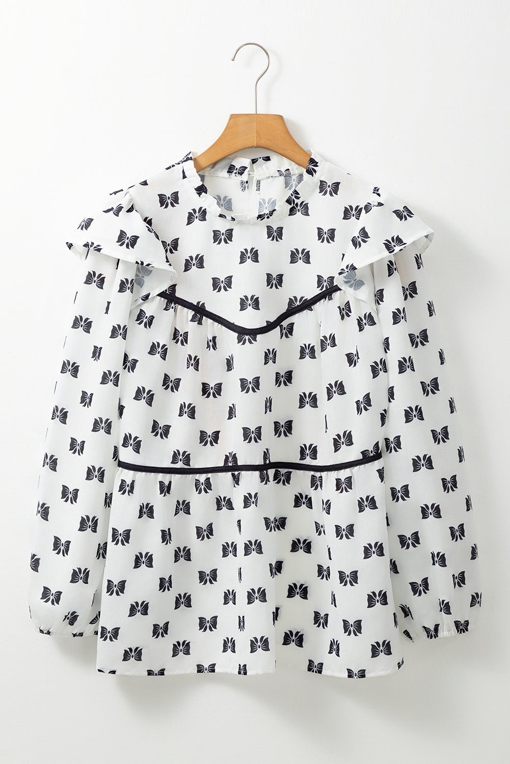 White Bow Knot Print Piping Trim Ruffled Crew Neck Blouse - Loving It Shop