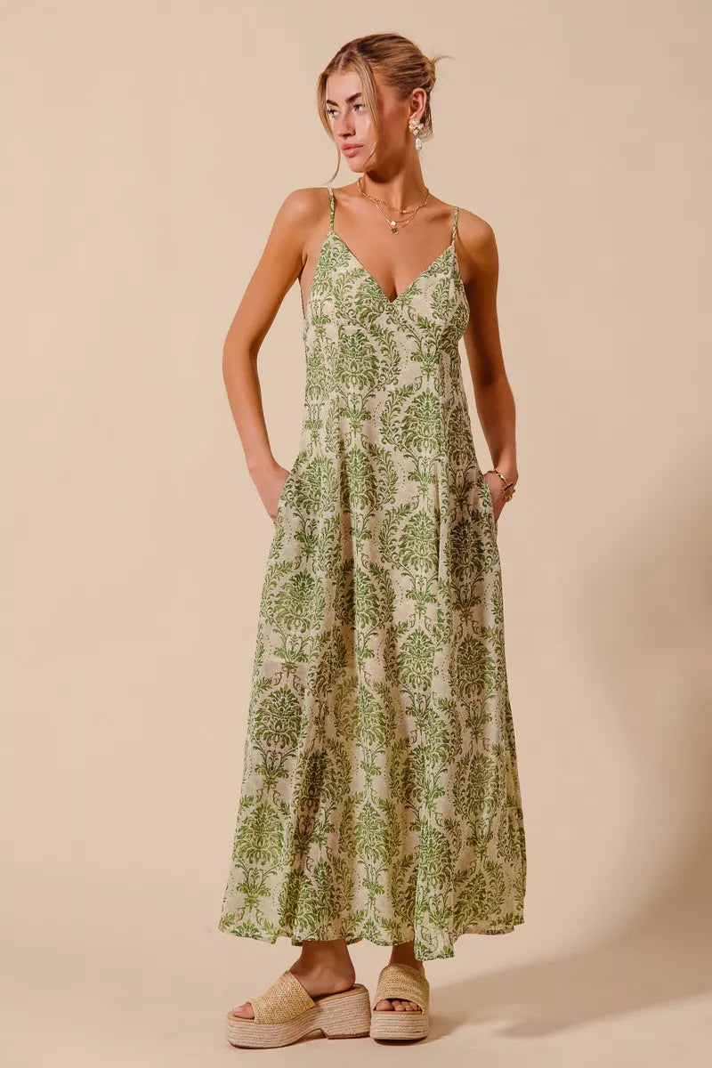 Damask Floral Summer Maxi Flowy Dress With Open Back