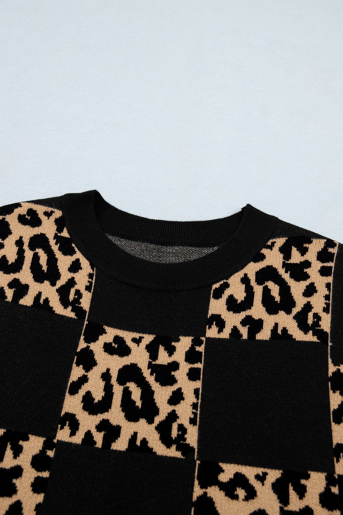 Black Leopard Checkerboard Short Sleeve Knit Sweater - Loving It Shop